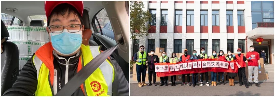 左圖：10輛轎車后座和后備箱堆滿了菜，出發送給社區；右圖：各位志愿者協助接收消毒防護物資
